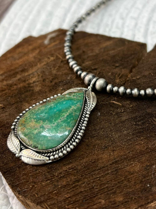 Handmade Sterling Silver Beaded Mantis Turquoise Necklace "Signed Nizhoni"