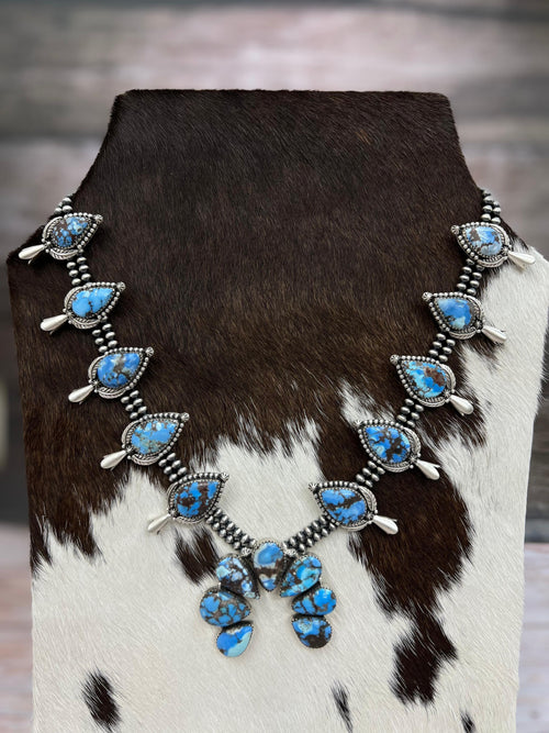 Handmade Sterling Silver Golden Hills Turquoise Beaded Squash Blossom Necklace with Signed Nizhoni