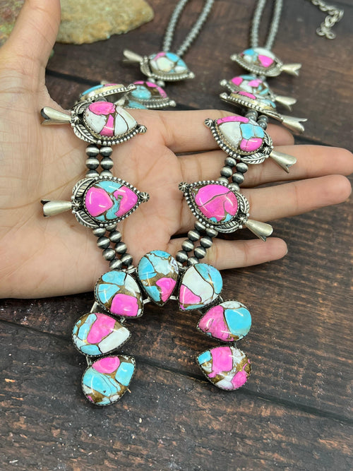 Handmade Sterling Silver Cotton Candy Turquoise Squash Blossom Necklace with Signed Nizhoni