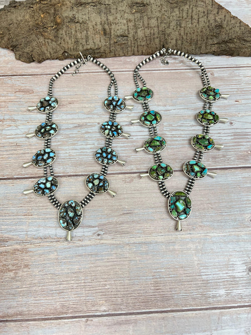 Handmade Sterling Silver Golden Hill Turquoise, Sonoran Mountain Turquoise Squash Blossom Beaded Necklace, Signed Nizhoni