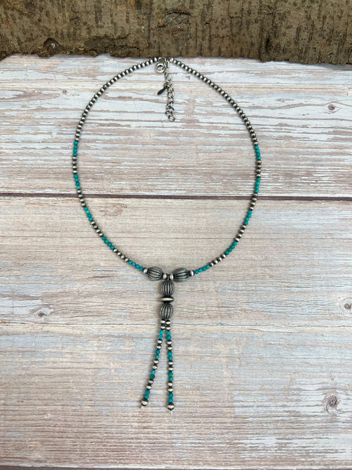 Handmade Sterling Silver Kingman Turquoise Beaded Necklace with Signed Nizhoni