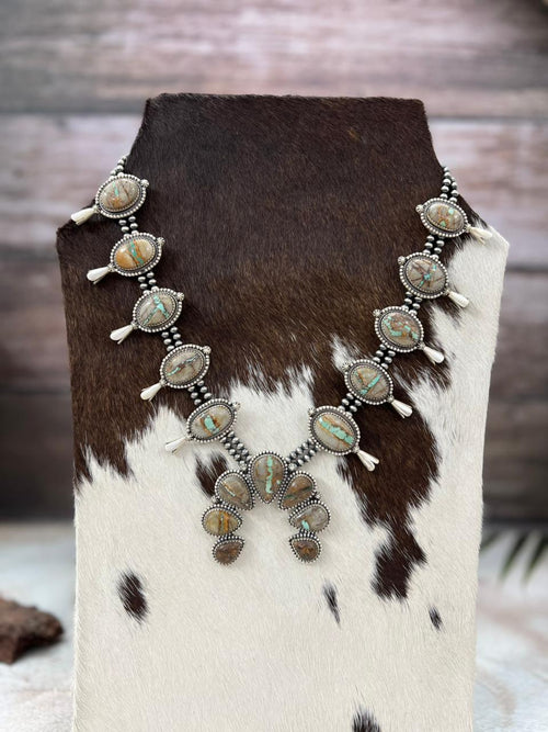 Handmade Sterling Silver Royston Ribbon Turquoise Squash Blossom Beaded Necklace with Signed Nizhoni