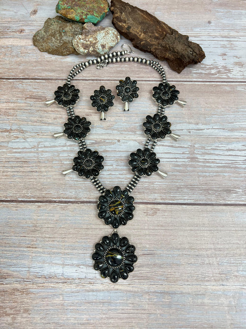 Handmade Sterling Silver Blackjack Turquoise Beaded Blossom Necklace Earrings Set with Signed Nizhoni