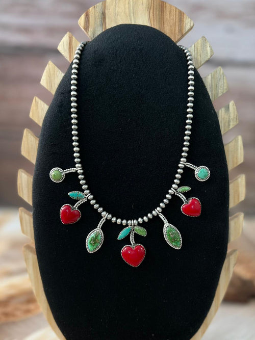 Handmade Sterling Silver Sonoran with Rosarita Beaded Cherry Necklace "Signed Nizhoni"