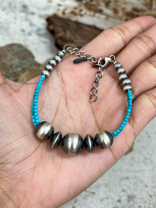 Handmade Sterling Silver Beaded Kingman Turquoise Bracelet with Signed Nizhoni