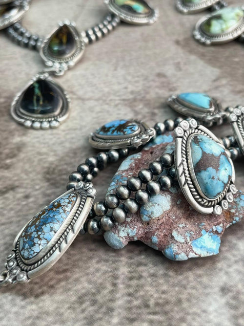 Handmade Sterling Silver Golden Hills Turquoise, Blackjack, Palomino Turquoise Beaded Necklace "Signed Nizhoni"