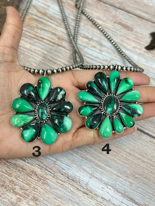 Handmade Sterling Silver Emerald Rose Necklace with Signed Nizhoni