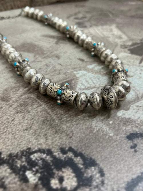Handmade Sterling Silver & Turquoise Beaded Necklace Signed Nizhoni