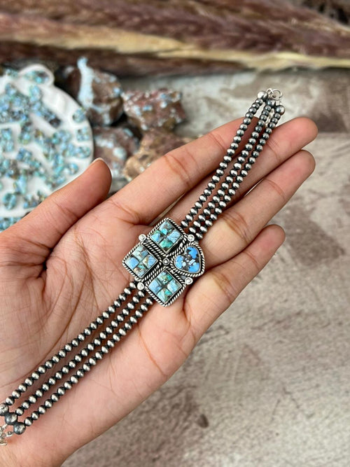 Handmade Sterling Silver Golden Hills Turquoise Cobble Collection Beaded Bracelet "Signed Nizhoni"
