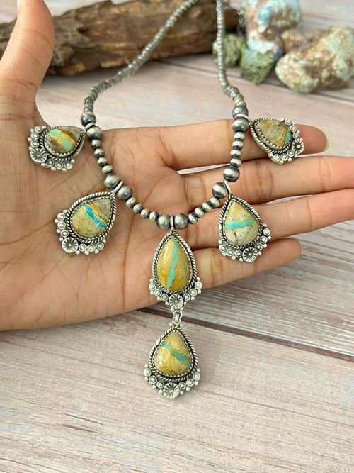 Handmade Sterling Silver Royston Ribbon Turquoise Beaded Necklace with Signed Nizhoni