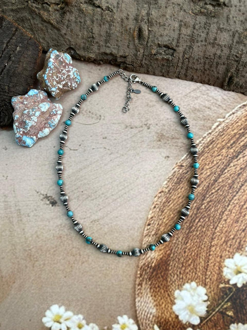 Handmade Sterling Silver Kingman Turquoise Beaded Necklace with Signed Nizhoni