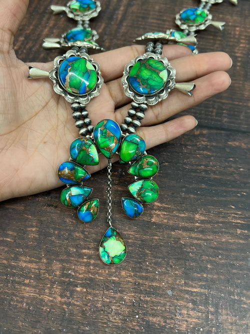 Handmade Sterling Silver Peacock Dahlia Beaded Necklace with Signed Nizhoni