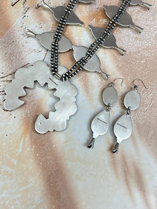 Handmade Sterling Silver Number 8 Turquoise Necklace Earrings Set, Signed Nizhoni