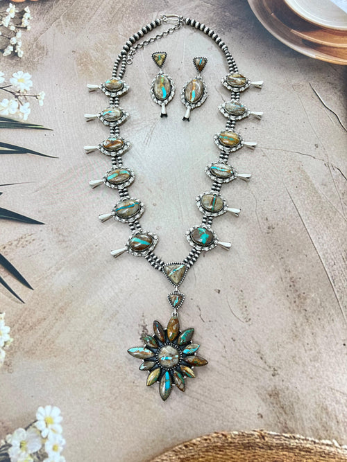 Handmade Sterling Silver Ribbon Royston Beaded Necklace Earrings Set, Signed Nizhoni