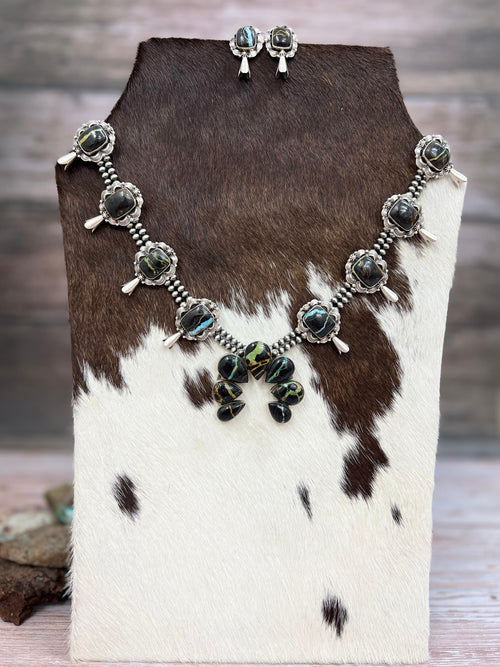 Handmade Sterling Silver Blackjack Turquoise Beaded Squash Blossom Necklace Earrings Set with Signed Nizhoni
