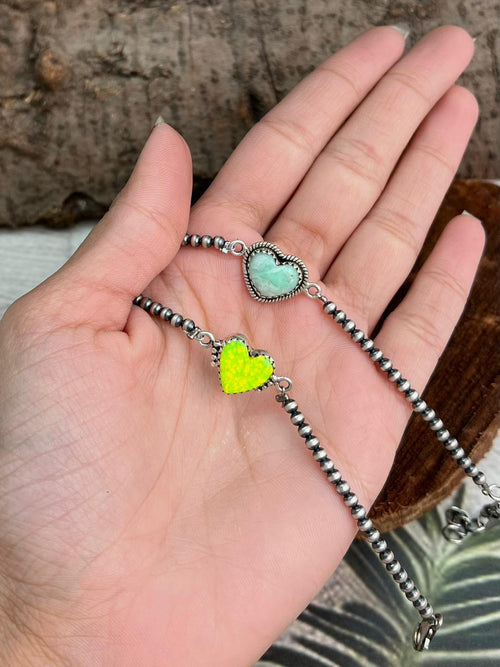 Handmade Sterling Silver Beaded Neon Opal, Variscite Chain Bracelet "Signed Nizhoni"