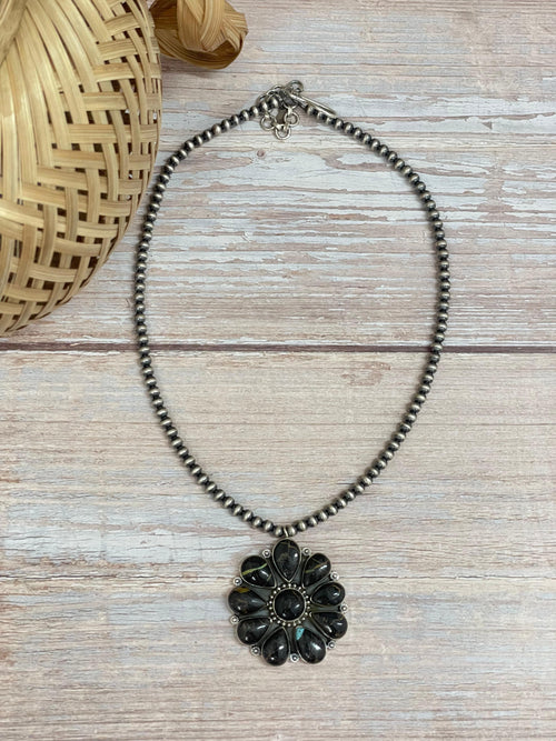 Handmade Sterling Silver Blackjack Turquoise Beaded Necklace with Signed Nizhoni