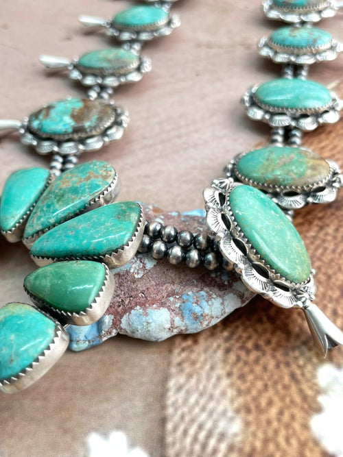 Handmade Sterling Silver Mantis Turquoise Beaded Squash Blossom Naja Necklace with Signed Nizhoni