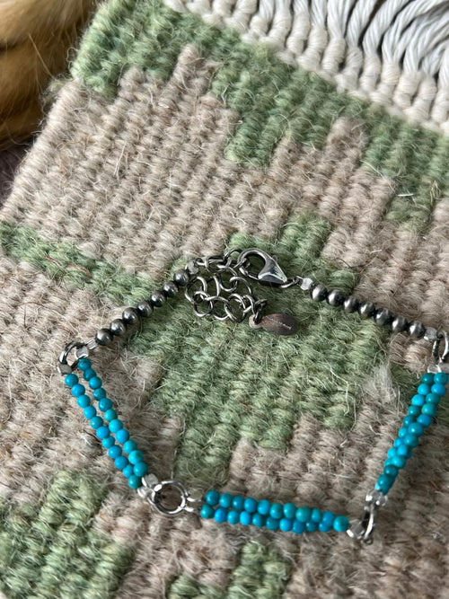 Handmade Sterling Silver Kingman Turquoise Beaded Bracelet "Signed Nizhoni"