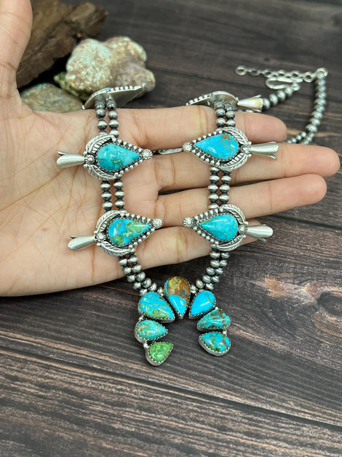 Handmade Sterling Silver South Hill Turquoise Beaded Necklace with Signed Nizhoni