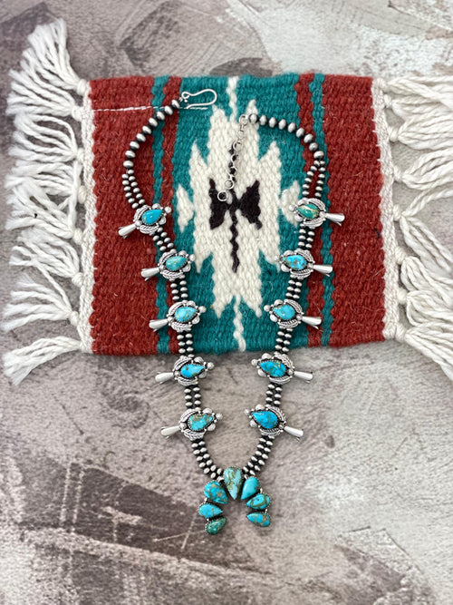 Handmade Sterling Silver South Hill Turquoise Squash Blossom Beaded Necklace with Signed Nizhoni