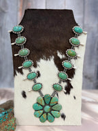 Handmade Sterling Silver Royston Turquoise Squash Blossom Necklace with Signed Nizhoni