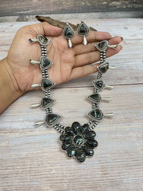 Handmade Sterling Silver Blackjack Turquoise Beaded Necklace Earrings Set with Signed Nizhoni