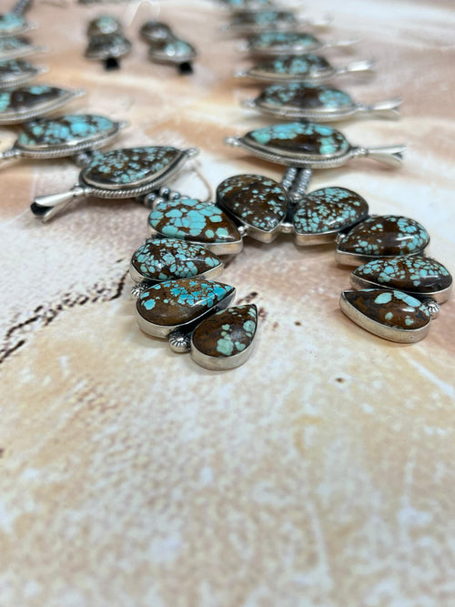 Handmade Sterling Silver Number 8 Turquoise Necklace Earrings Set, Signed Nizhoni