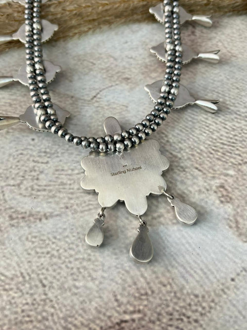 Handmade Sterling Silver Santa Maria Turquoise Squash Blossom Beaded Necklace "Signed Nizhoni"