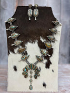 Handmade Sterling Silver Ribbon Royston Beaded Squash Blossom Necklace Earrings Set, Signed Nizhoni