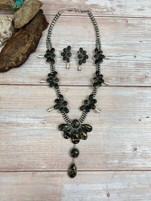Handmade Sterling Silver Blackjack Turquoise Beaded Blossom Necklace Earrings Set with Signed Nizhoni