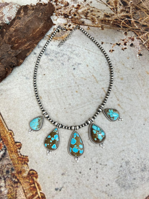 Handmade Sterling Silver Number 8 Turquoise Beaded Necklace Signed Nizhoni