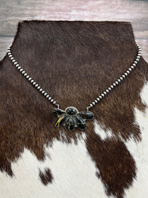 Handmade Sterling Silver Blackjack Turquoise Beaded Necklace with Signed Nizhoni