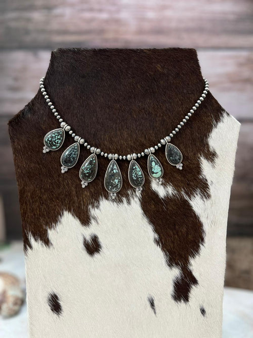 Handmade Sterling Silver Lander Turquoise Beaded Necklace with Signed Nizhoni