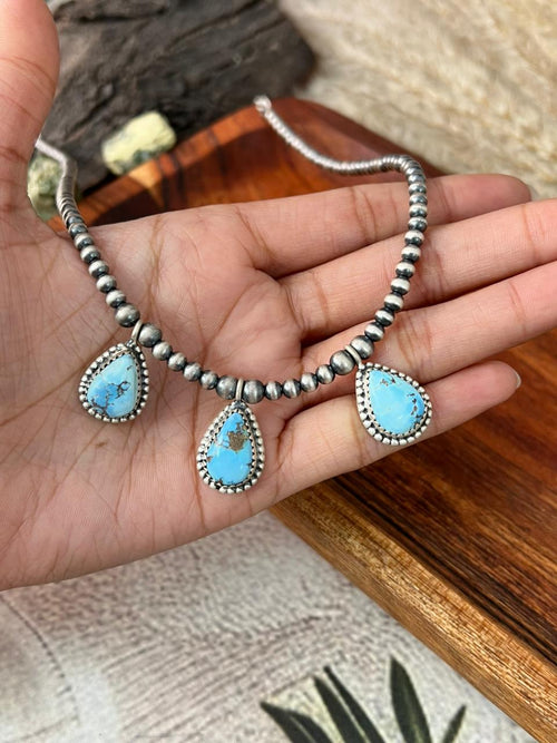 Handmade Sterling Silver Golden Hills Turquoise Beaded Necklace "Signed Nizhoni"