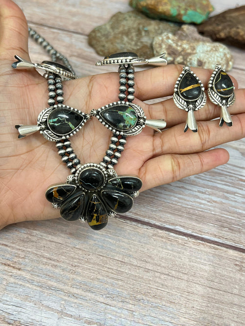 Handmade Sterling Silver Blackjack Turquoise Beaded Necklace Earrings Set with Signed Nizhoni