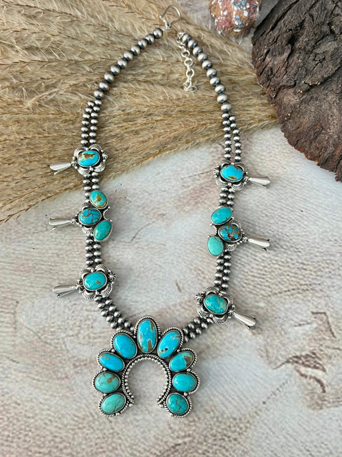 Handmade Sterling Silver Santa Maria Turquoise Squash Blossom Beaded Necklace "Signed Nizhoni"