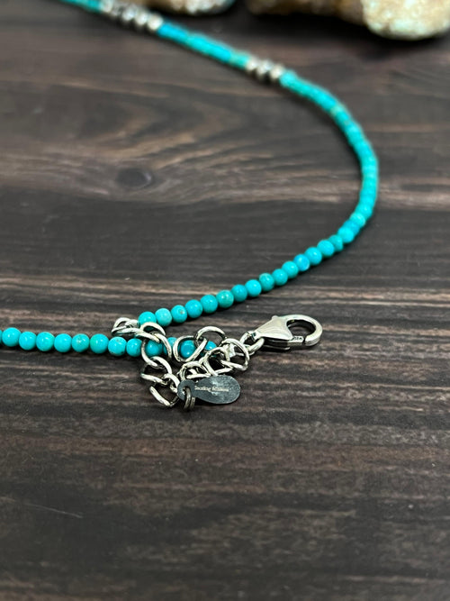 Handmade Sterling Silver Kingman Turquoise Beaded Necklace with Signed Nizhoni