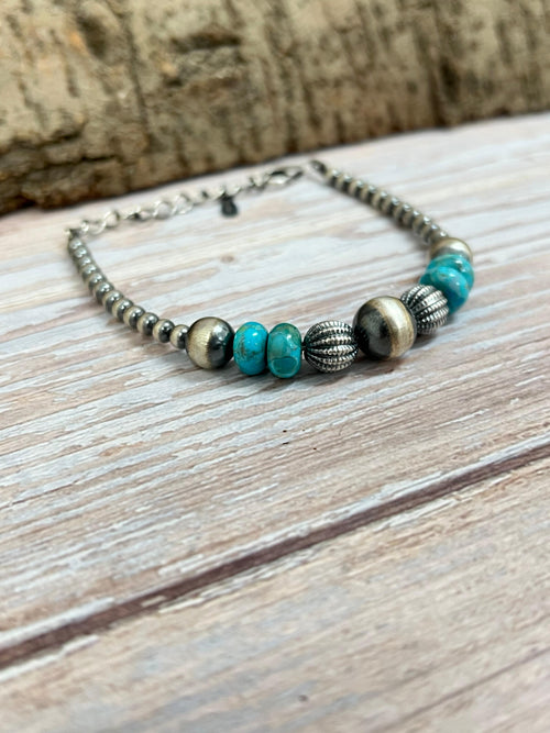 Handmade Sterling Silver Kingman Turquoise Beaded Bracelet with Signed Nizhoni