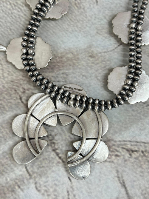 Handmade Sterling Silver Old Stock Royston Turquoise Beaded Squash Blossom Necklace Signed Nizhoni