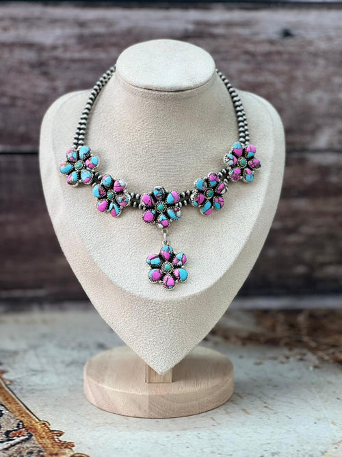 Handmade Sterling Silver Beaded Multi Stone Necklace "Signed Nizhoni"