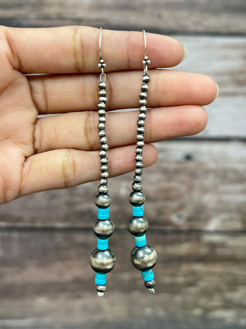 Handmade Sterling Silver Kingman Turquoise Beaded Hook Earrings with Signed Nizhoni