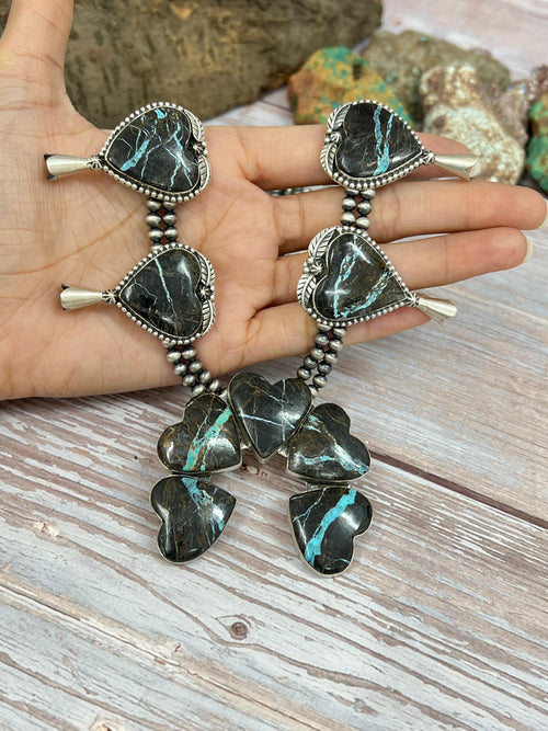 Handmade Sterling Silver Black Jack Beaded Squash Blossom Necklace with Signed Nizhoni