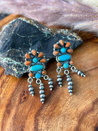 Handmade Sterling Silver Kingman Turquoise with Orange Mojave Post Dangle Beaded Earrings "Signed Nizhoni"