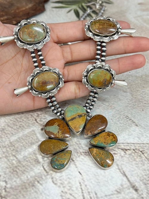 Handmade Sterling Silver Old Stock Royston Turquoise Beaded Squash Blossom Necklace Signed Nizhoni