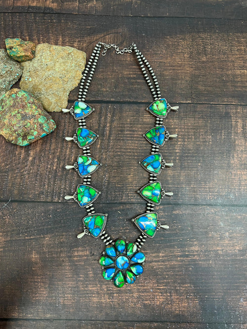 Handmade Sterling Silver Peacock Dahlia Beaded Necklace with Signed Nizhoni