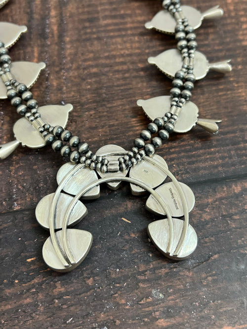 Handmade Sterling Silver Cotton Candy Turquoise Squash Blossom Necklace with Signed Nizhoni