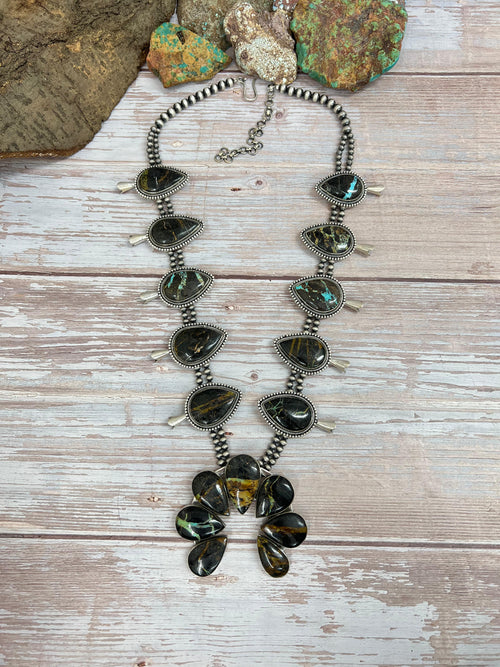 Handmade Sterling Silver Black Jack Beaded Squash Blossom Necklace with Signed Nizhoni