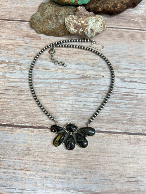 Handmade Sterling Silver Blackjack Turquoise Beaded Necklace with Signed Nizhoni
