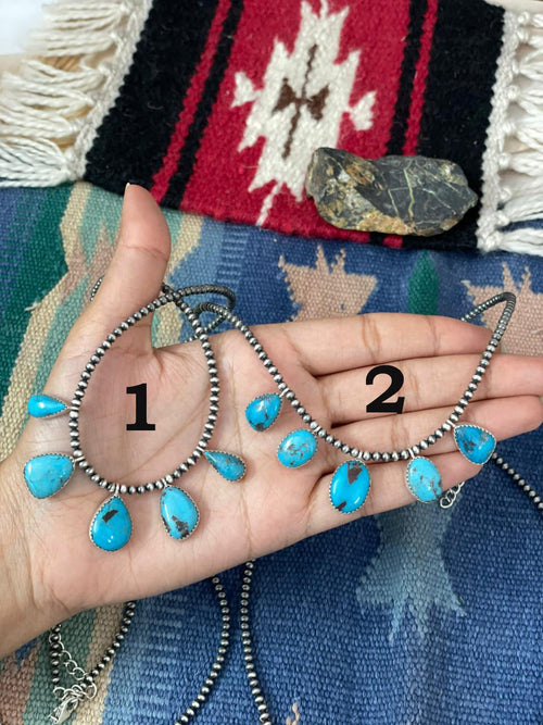 Handmade Sterling Silver Blue Kingman Turquoise Beaded Necklace "Signed Nizhoni"